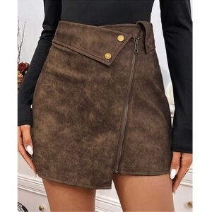 Luxe Brown Vegan Leather Zipper Mini Skirt S M L XL